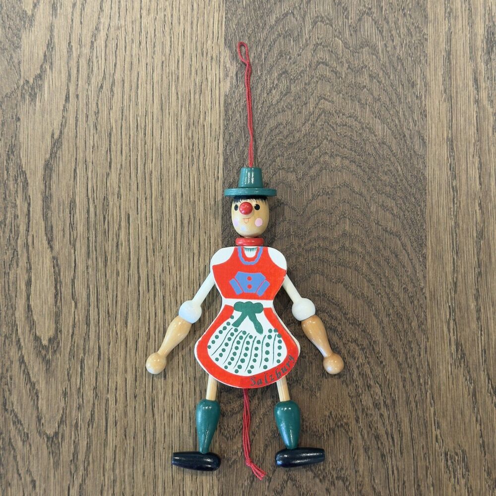 Vtg Wooden Jumping Jack Ornament Pull String Salzburg Austria Dirndl Folk Art